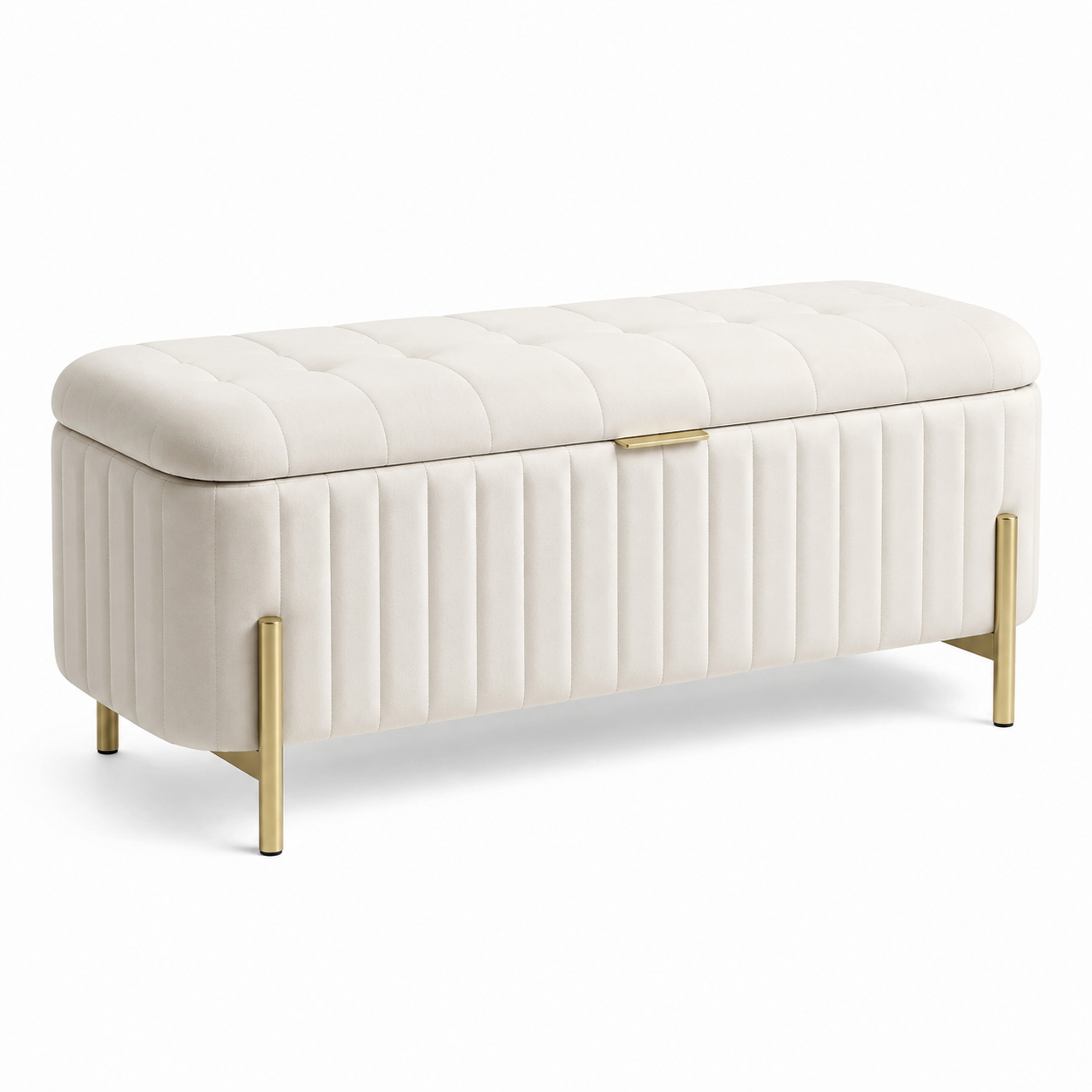 Gepolsterte Sitzbank mit Stauraum und Klappdeckel, 120 x 45 x 50 cm, Creme/Gold