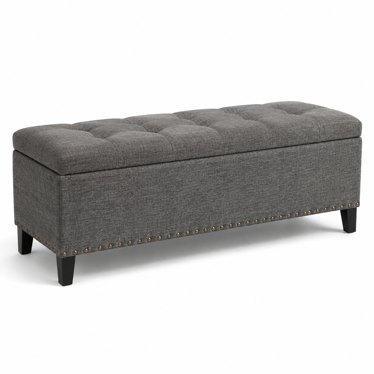 Sitzbank mit Stauraum, 120 x 45 x 50 cm, Grau mit Knopfheftung, schwarzen Beinen und bronzefarbenen Ziernieten