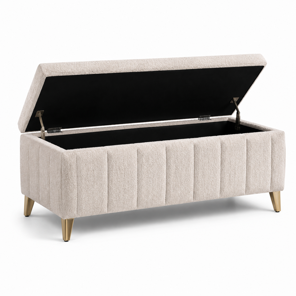 Sitzbank mit Stauraum und Klappdeckel, 120 x 45 x 48 cm, Bouclé-Optik in Creme mit goldfarbenen Füßen
