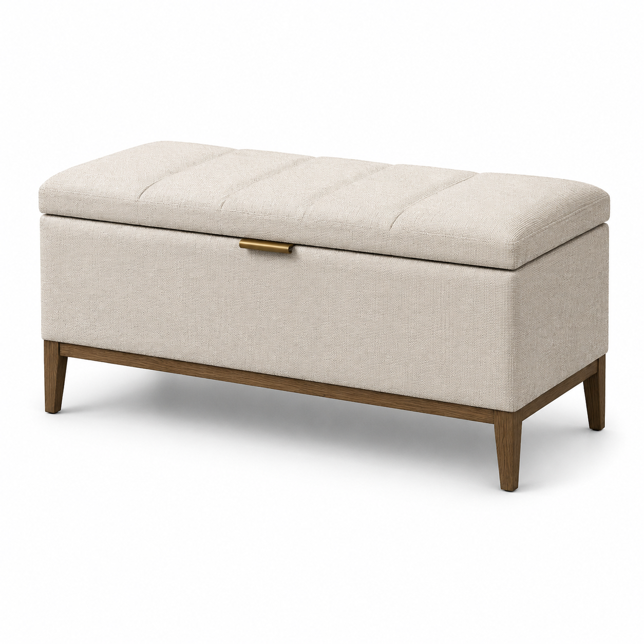 Gepolsterte Sitzbank mit Stauraum, 110 x 45 x 48 cm, Strukturstoff in Beige, Holzgestell in Braun