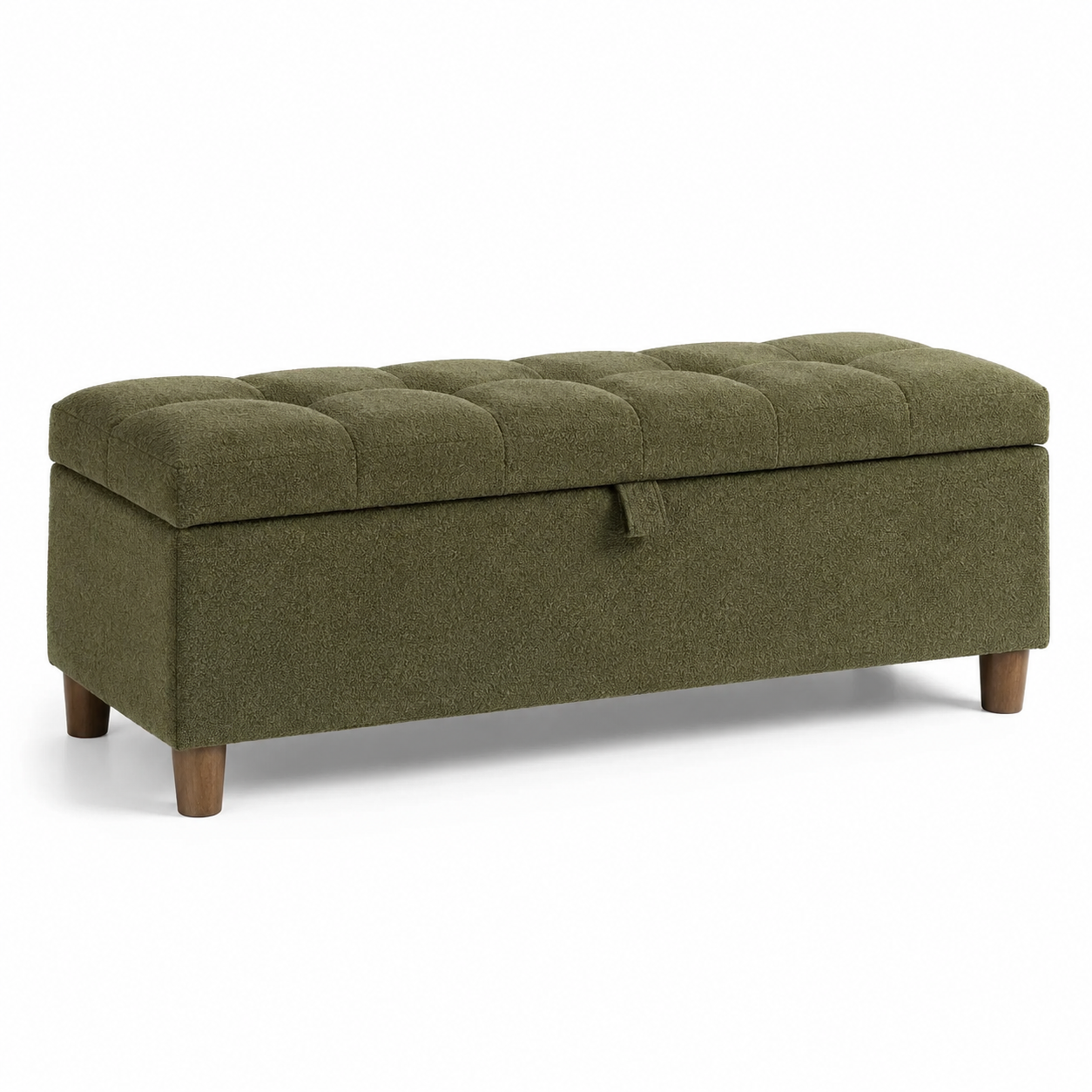 Sitzbank mit Stauraum, 110 x 40 x 46 cm, Olivgrün mit braunen Holzbeinen