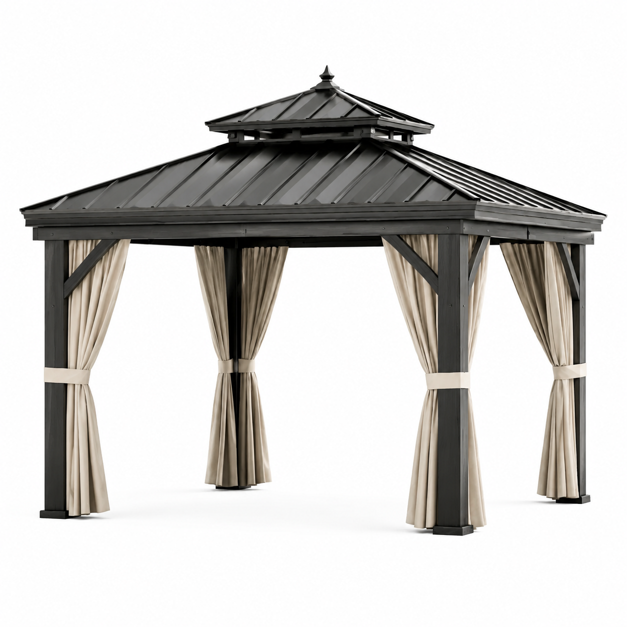 Gartenpavillon mit Hardtop und Vorhängen, 400 x 300 x 280 cm, Anthrazit/Beige
