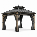 Gartenpavillon aus Holz und Metall mit Vorhängen, 365 x 365 x 330 cm, Naturbraun/Anthrazit