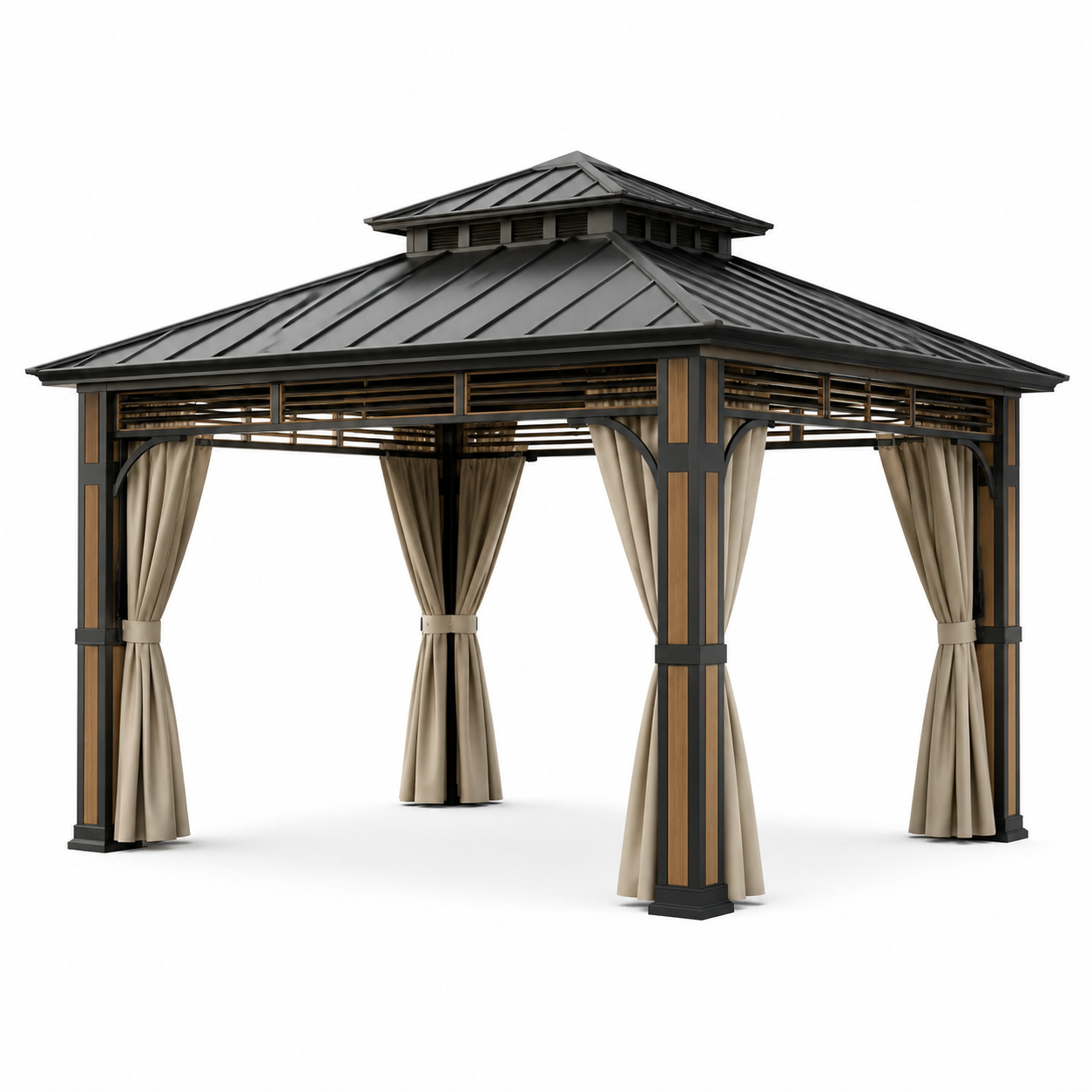 Gartenpavillon mit Hartdach und Vorhängen, 400 x 300 x 310 cm, Dunkelgrau/Braun/Beige