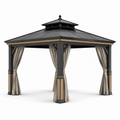 Metall-Gartenpavillon mit Doppeldach und Vorhängen, Anthrazit/Beige/Natur, 300 x 300 x 290 cm
