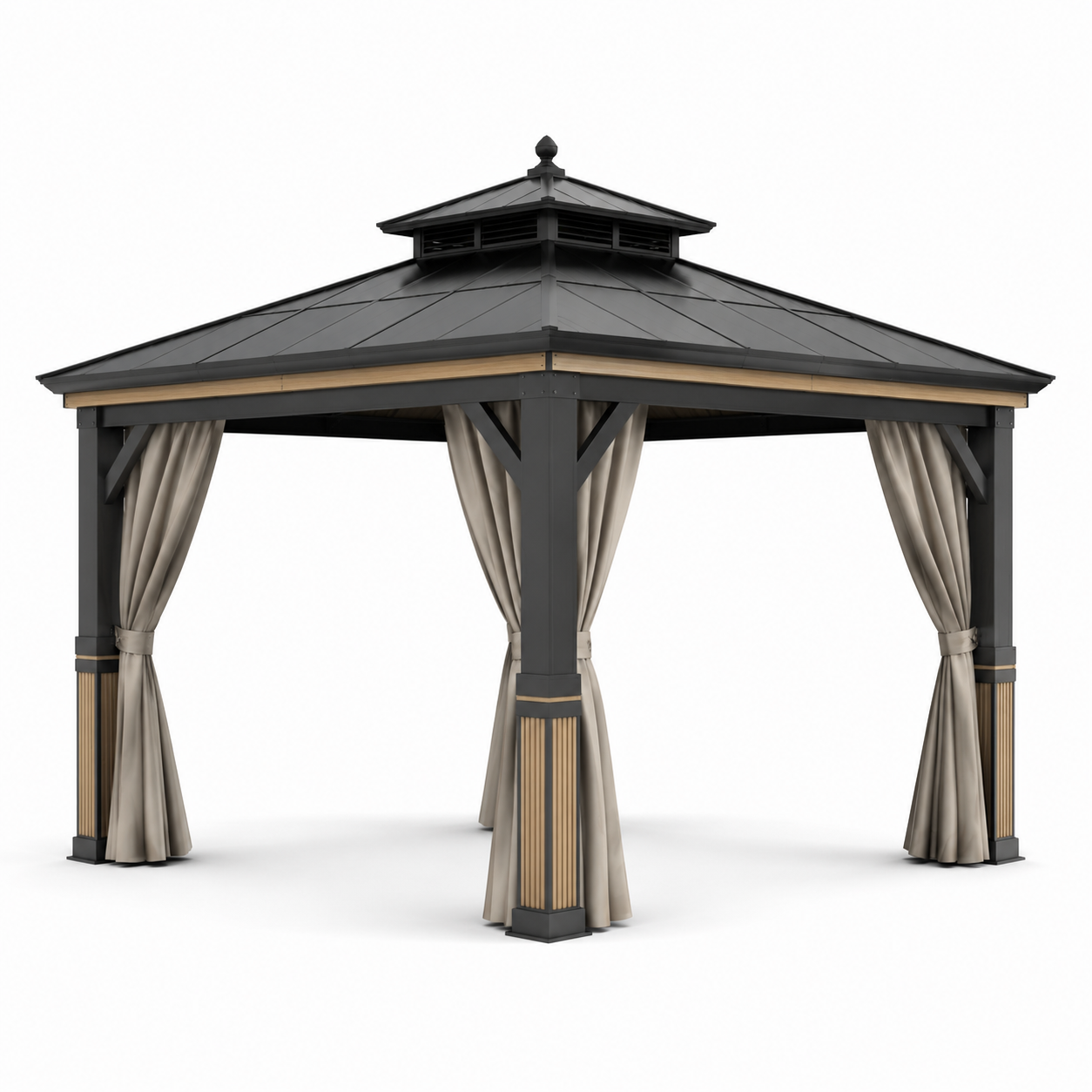 Metall-Gartenpavillon mit Doppeldach und Vorhängen, Anthrazit/Beige/Natur, 300 x 300 x 290 cm