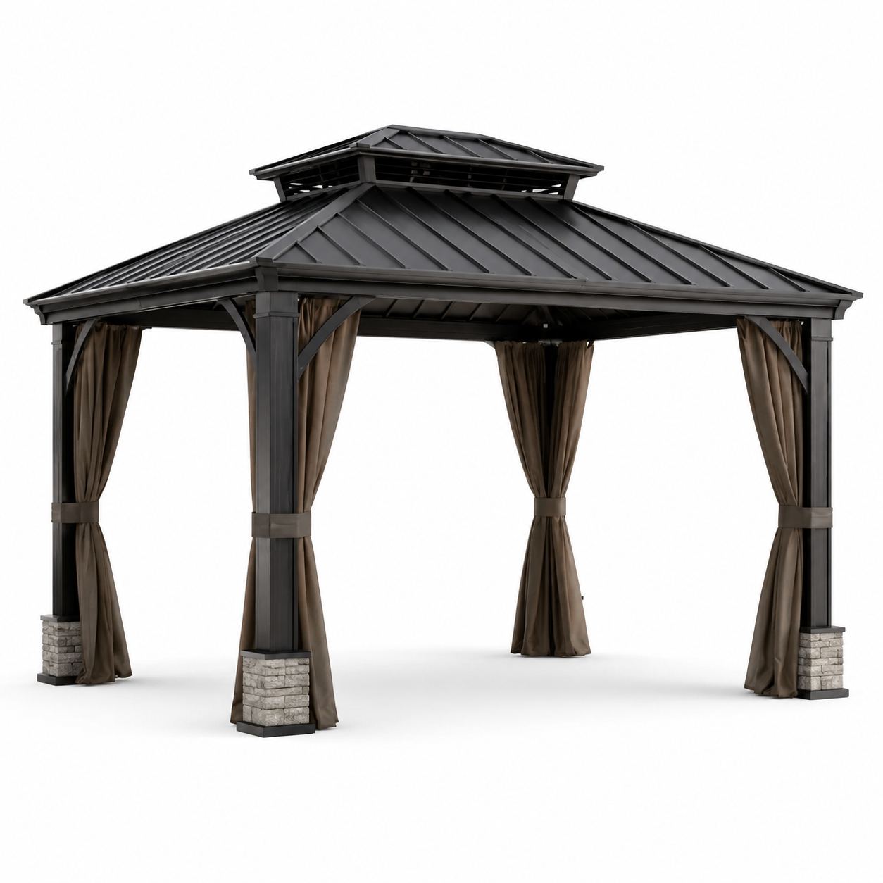 Gartenpavillon 400 x 300 x 290 cm in Anthrazit mit festem Doppeldach und braunen Vorhängen