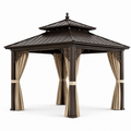 Gartenpavillon mit festem Metalldoppeldach und Vorhängen, 300 x 300 x 290 cm, Dunkelbraun/Beige