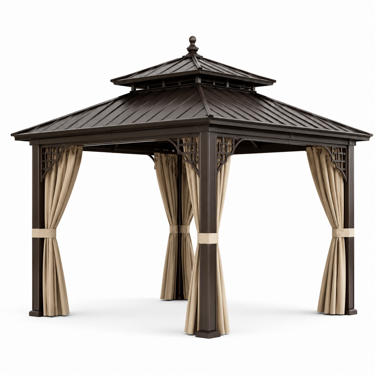 Gartenpavillon mit festem Metalldoppeldach und Vorhängen, 300 x 300 x 290 cm, Dunkelbraun/Beige