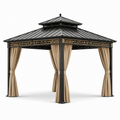 Gartenpavillon 400 x 300 x 310 cm aus schwarzem Metall mit beigen Vorhängen, goldfarbenen Akzenten und festem Doppeldach