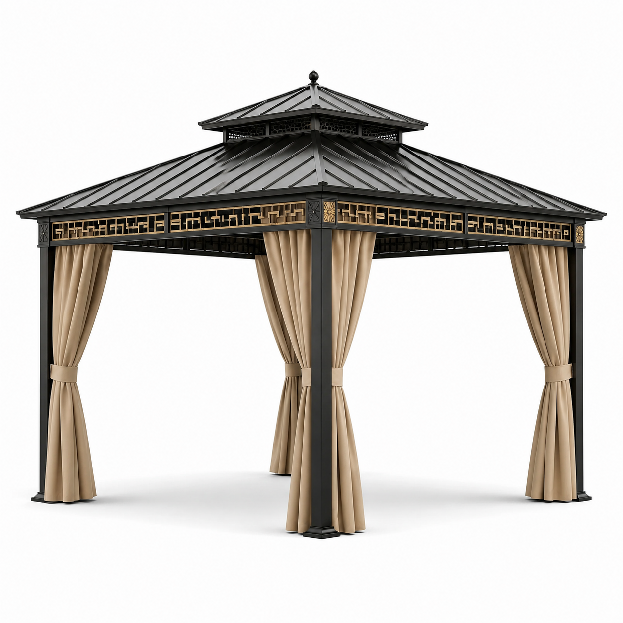 Gartenpavillon 400 x 300 x 310 cm aus schwarzem Metall mit beigen Vorhängen, goldfarbenen Akzenten und festem Doppeldach
