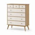 Hohe Kommode mit 7 Schubladen, 90 x 40 x 110 cm, Naturholz/Weiß/Gold, geriffelte Fronten