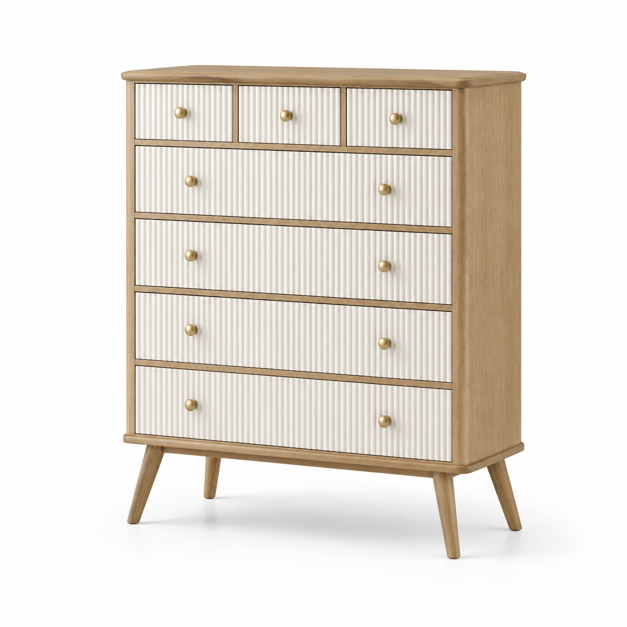 Hohe Kommode mit 7 Schubladen, 90 x 40 x 110 cm, Naturholz/Weiß/Gold, geriffelte Fronten