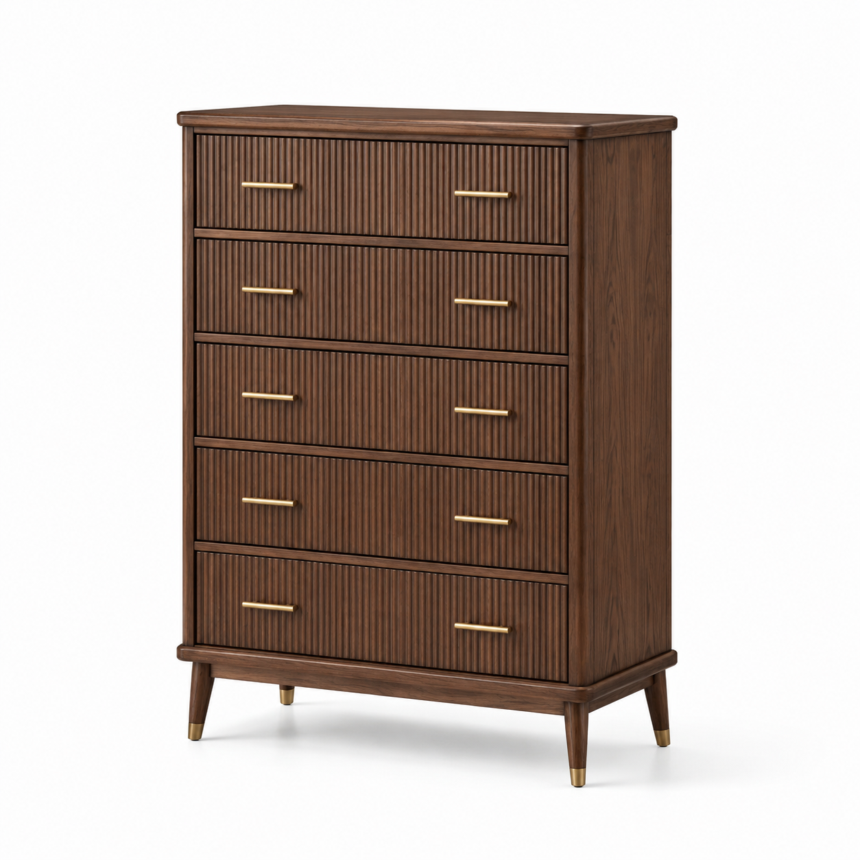 Hohe Holzkommode in Braun und Goldfarben, 90 x 45 x 120 cm, 5 Schubladen mit geriffelten Fronten