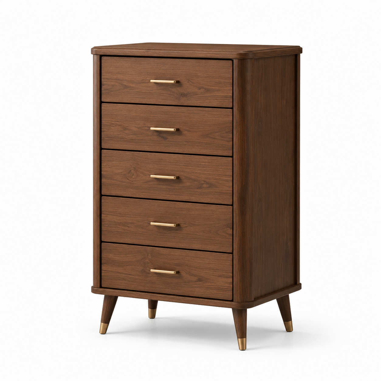 Hohe Kommode mit 5 Schubladen, 70 x 45 x 120 cm, Walnussbraun mit messingfarbenen Akzenten, Mid-Century-Stil