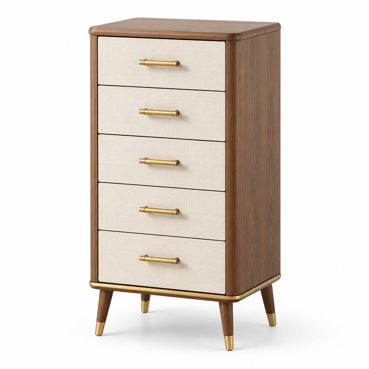 Hohe Kommode mit 5 Schubladen, 55 x 40 x 110 cm, Braun/Beige/Goldfarben, Retro-Stil