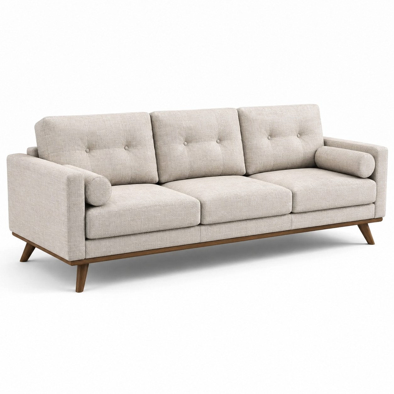 3-Sitzer-Sofa mit Stoffbezug und Holzgestell, Beige/Braun, 220 x 85 x 82 cm, Mid-Century-Stil