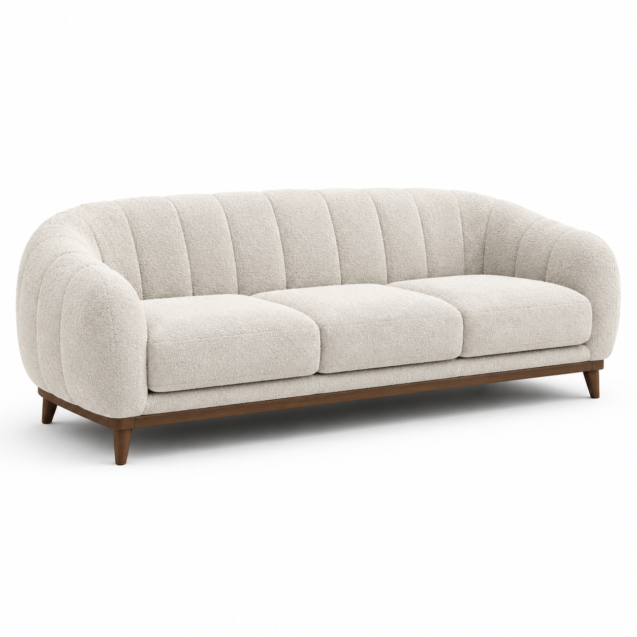 Modernes 3-Sitzer-Sofa mit Bouclé-Bezug in Creme und dunkelbraunem Holzgestell, 220 x 90 x 80 cm