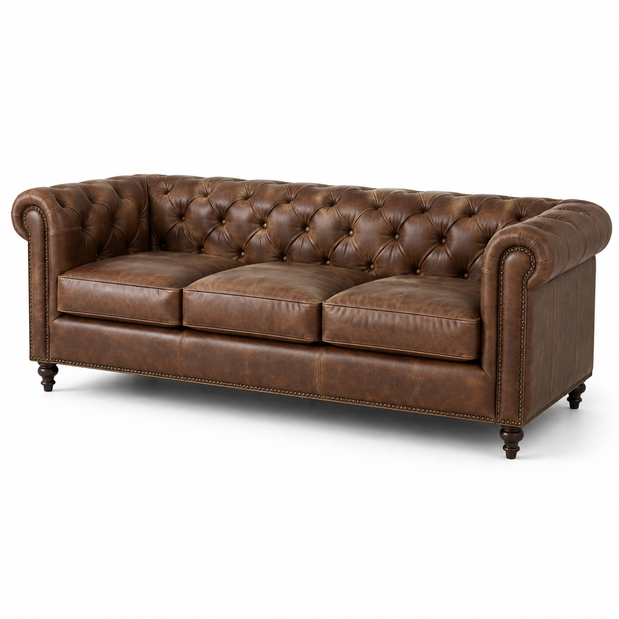 Chesterfield 3-Sitzer-Sofa in Braun, 220 x 90 x 76 cm, Lederoptik mit Knopfheftung