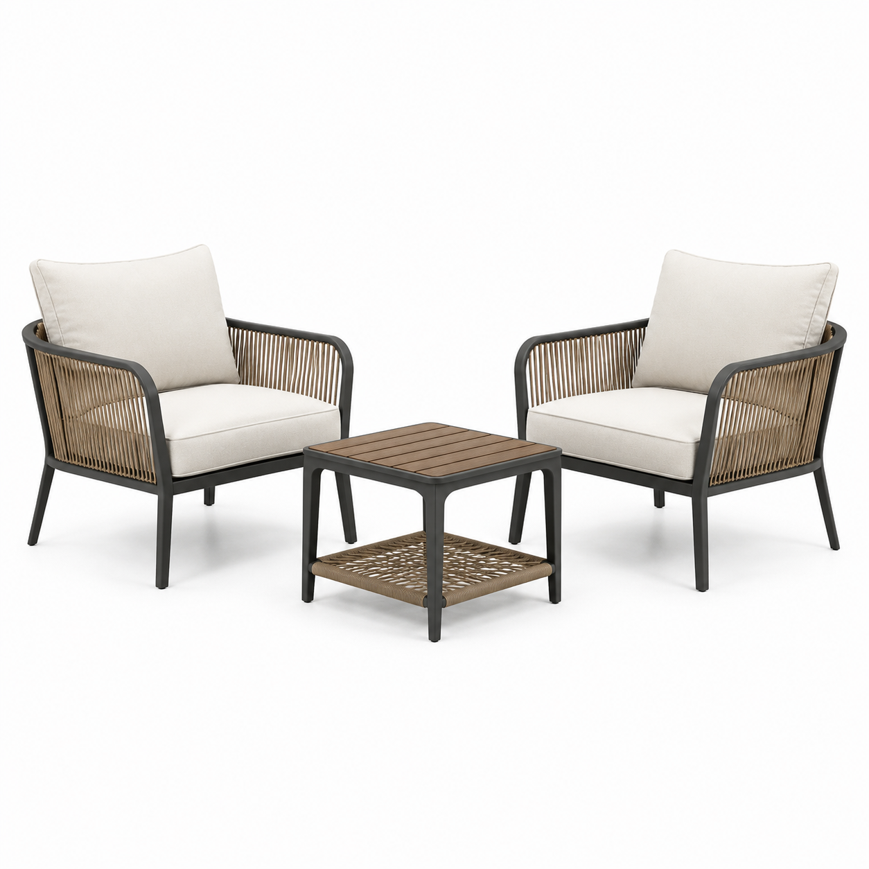 3-teiliges Gartenmöbel-Set mit 2 Sesseln 76 x 75 x 79 cm und Tisch 60 x 60 x 45 cm, Anthrazit/Braun/Cremeweiß