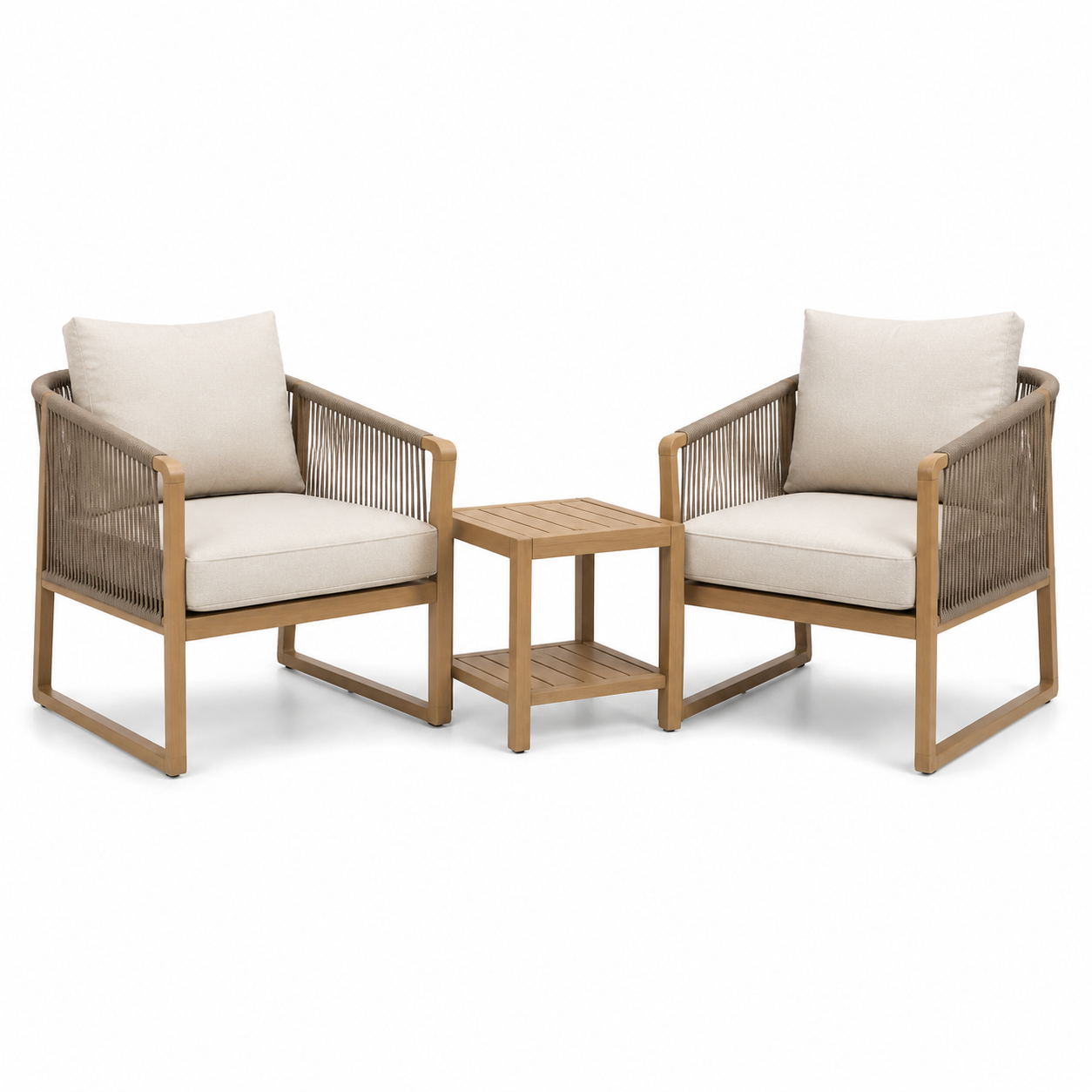 3-teiliges Set mit 2 Sesseln 75 x 76 x 82 cm und Beistelltisch 50 x 50 x 55 cm, Beige/Naturbraun/Taupe