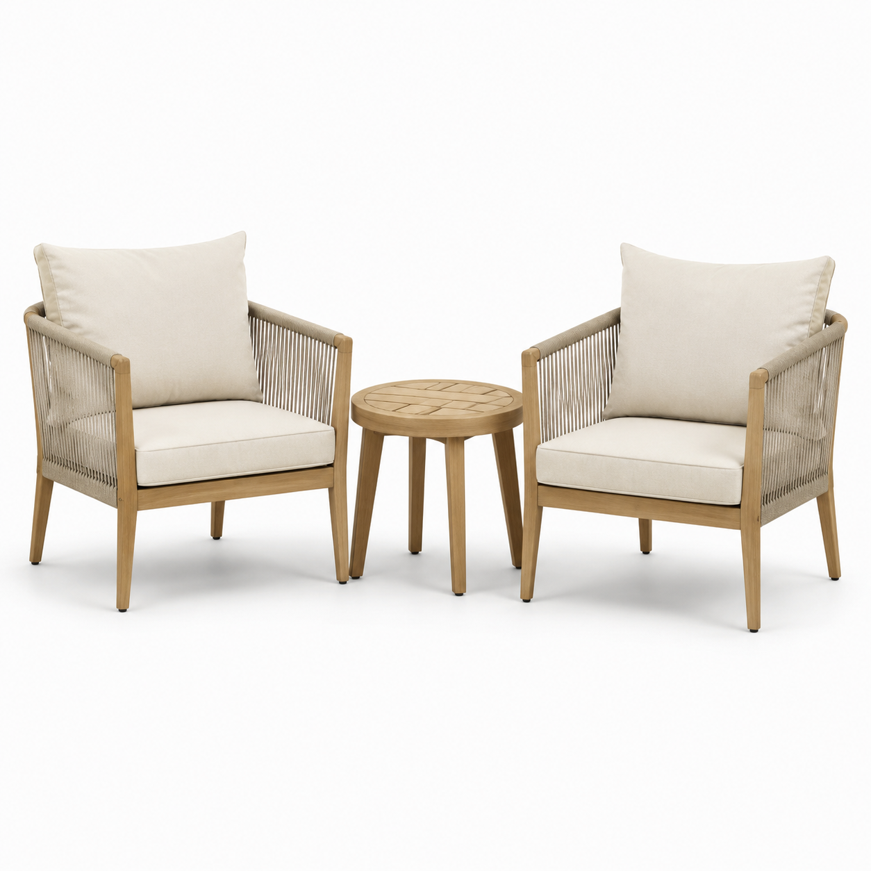 3-teiliges Gartenmöbel-Set aus Holz, 2 Sessel 73 x 75 x 81 cm und Tisch Ø 50 x 48 cm, Natur/Beige