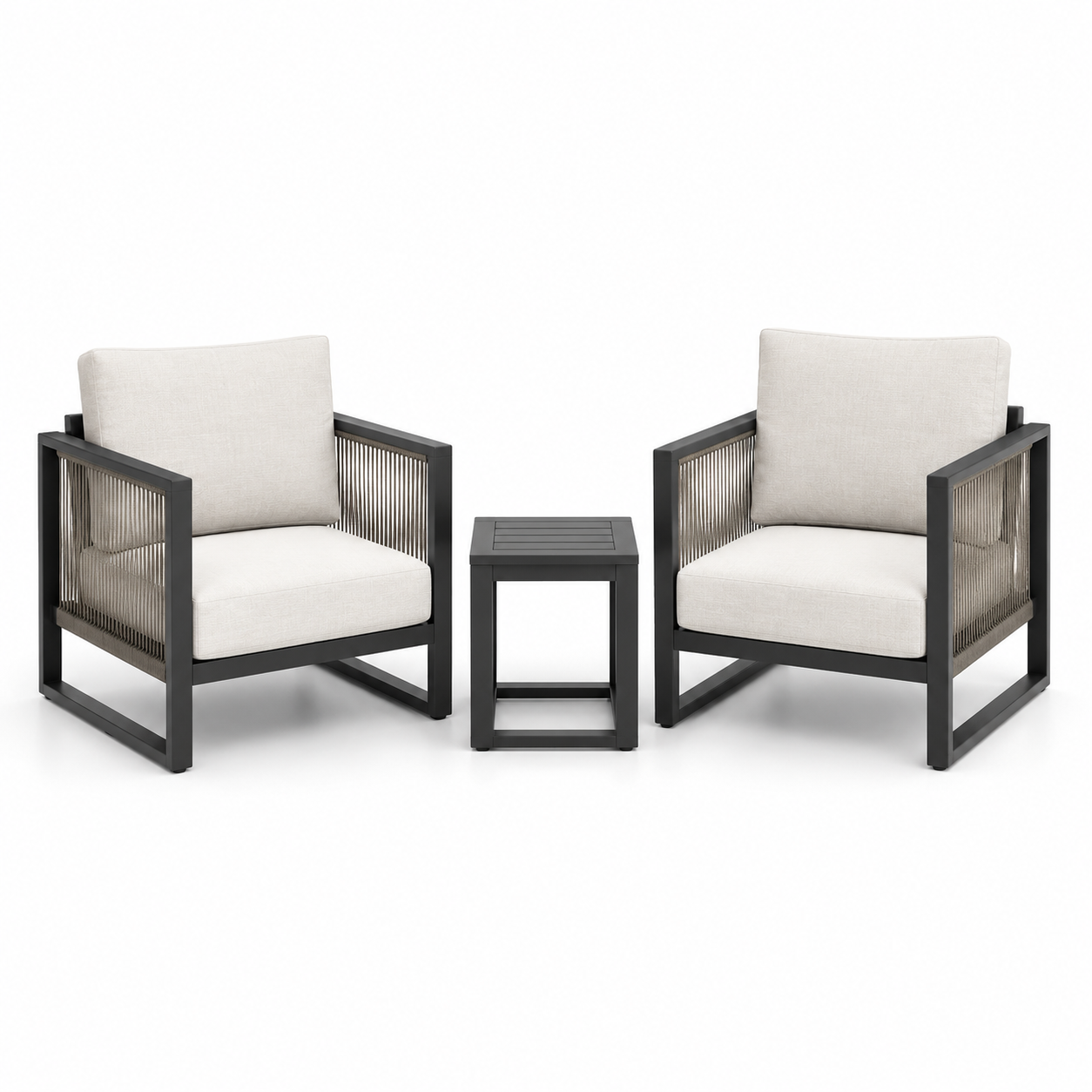3-teilige Gartensitzgruppe mit 2 Sesseln je 73 x 75 x 78 cm und Beistelltisch 45 x 45 x 45 cm, Creme/Anthrazit/Grau
