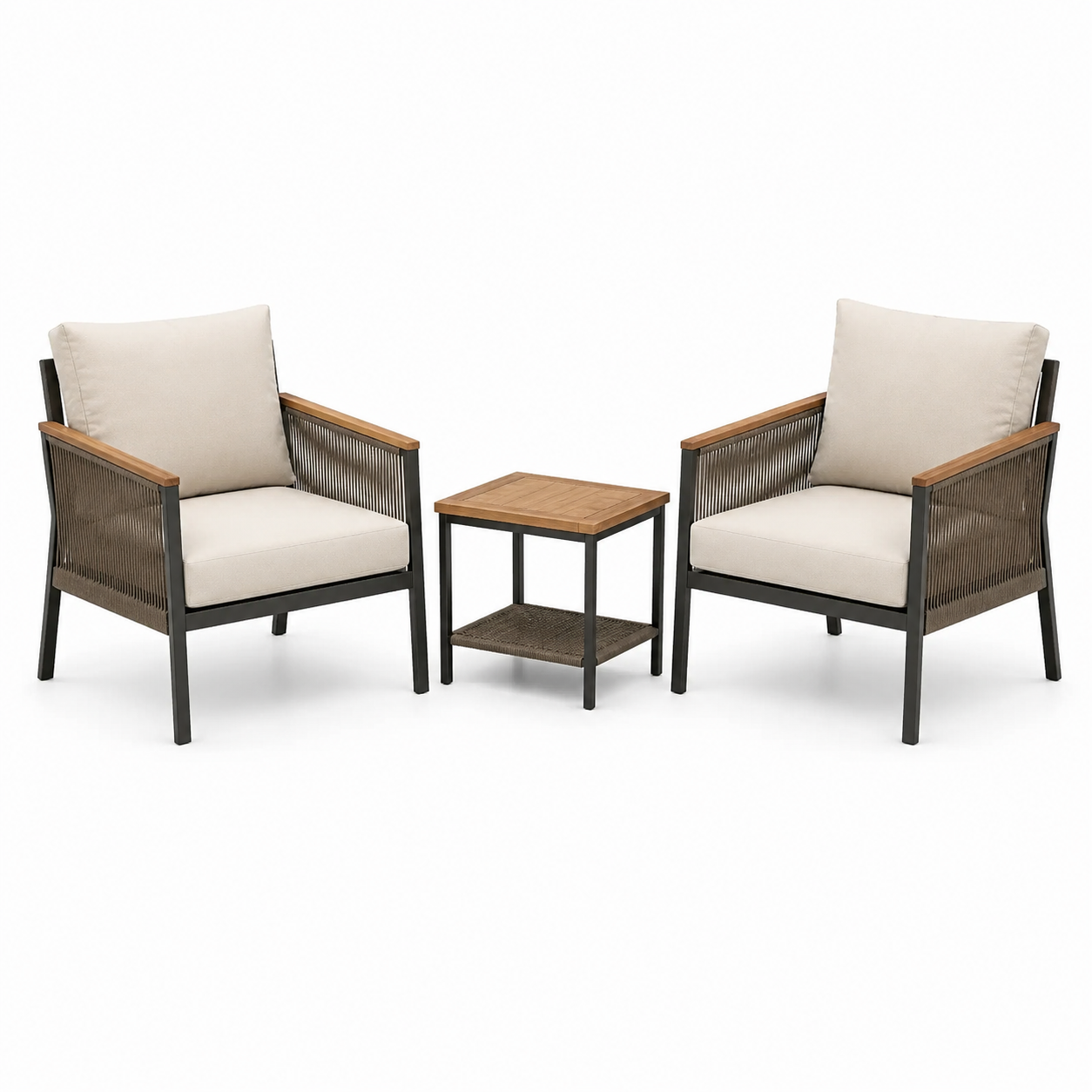 3-teiliges Gartenmöbel-Set mit 2 Sesseln 70 x 75 x 82 cm und Tisch 50 x 50 x 50 cm, Beige/Braun/Schwarz