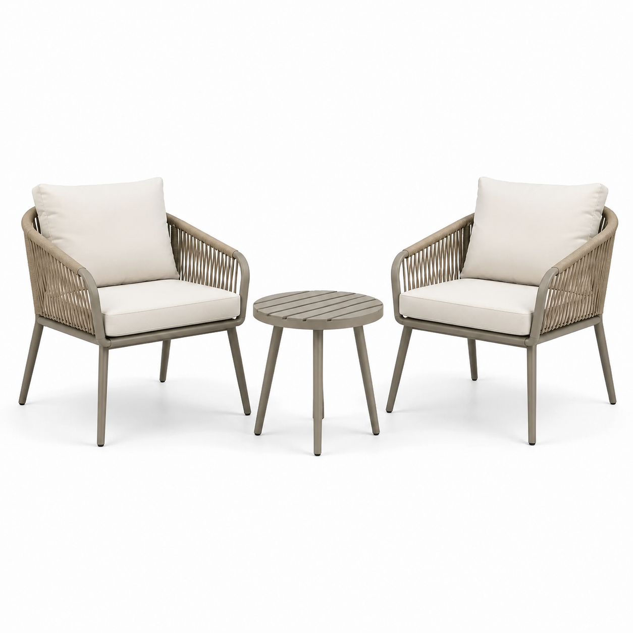 3-teiliges Balkonmöbel-Set Taupe/Beige mit 2 Sesseln 71 x 74 x 82 cm und Tisch Ø 50 x 45 cm