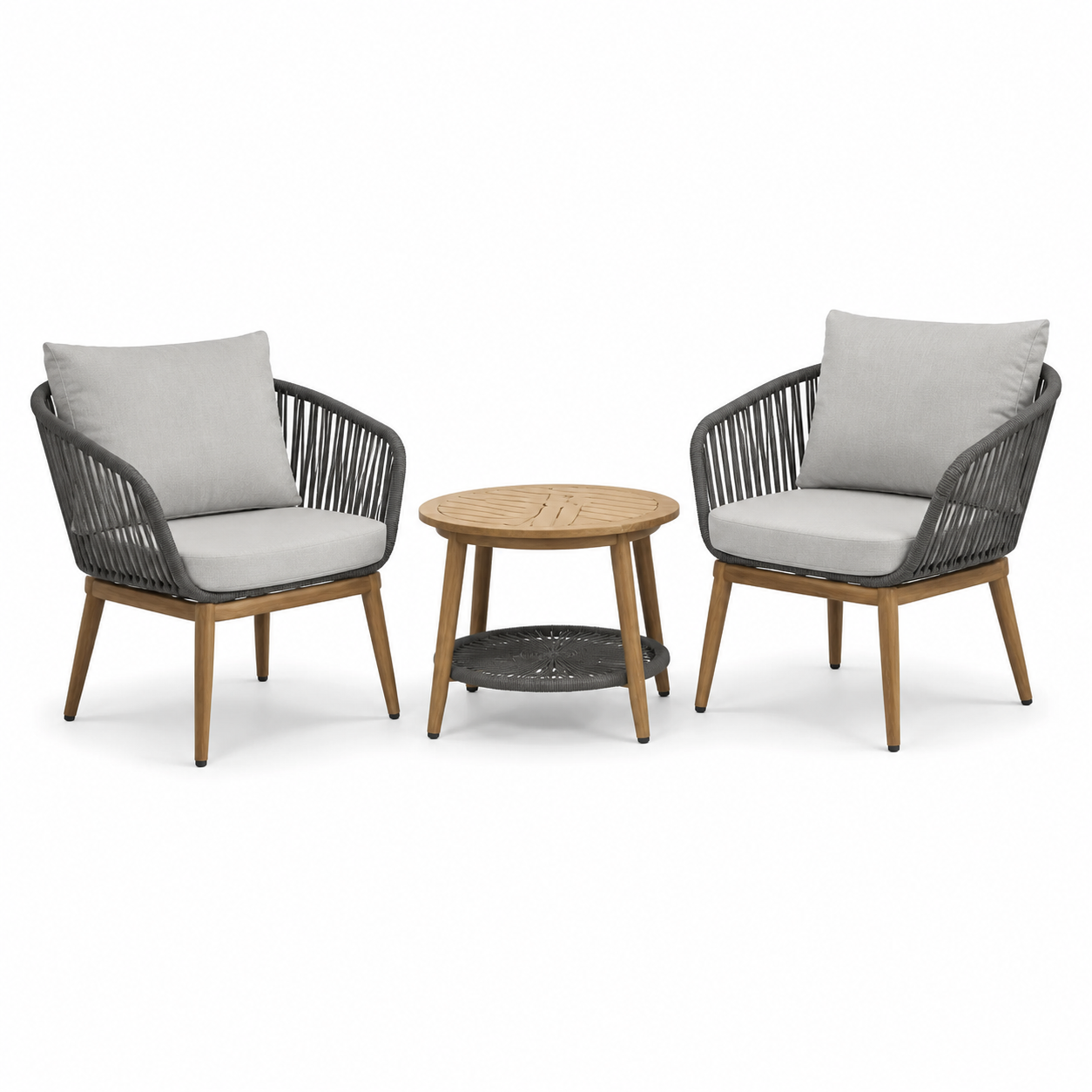 3-teiliges Gartenmöbel-Set mit 2 Sesseln 72 x 75 x 82 cm und Rundtisch Ø 60 x 50 cm, Dunkelgrau/Hellgrau/Naturbraun