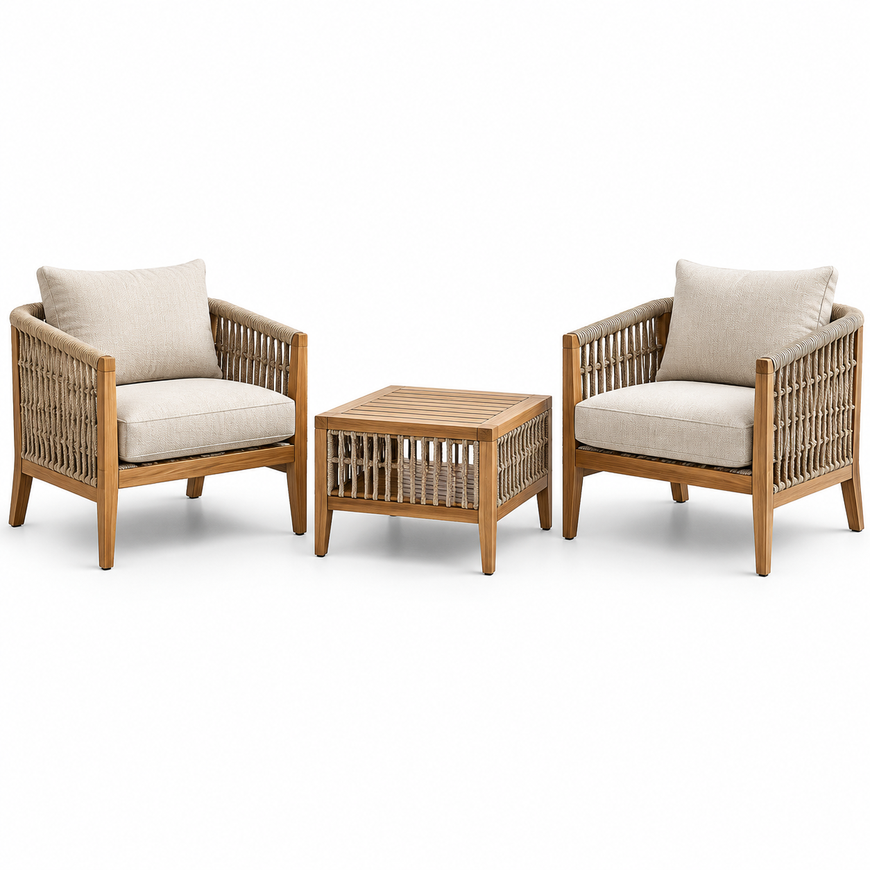 3-teiliges Gartenmöbel-Set aus Holz und Seilgeflecht, Natur/Beige, 2 Sessel 72 x 75 x 80 cm und Tisch 60 x 60 x 45 cm