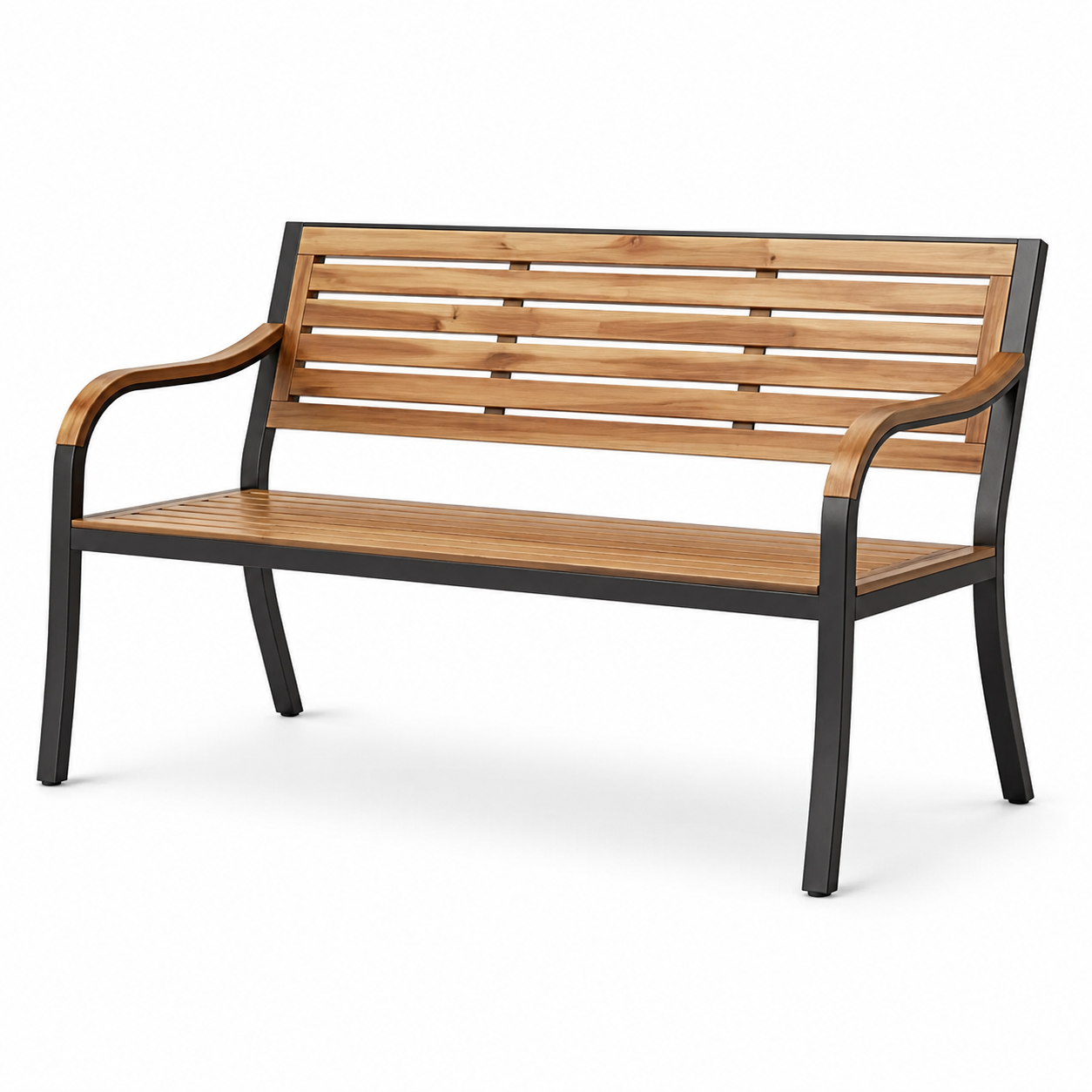 Zweisitzige Gartenbank aus Holz und Metall mit Armlehnen, Braun/Schwarz, 127 x 60 x 85 cm