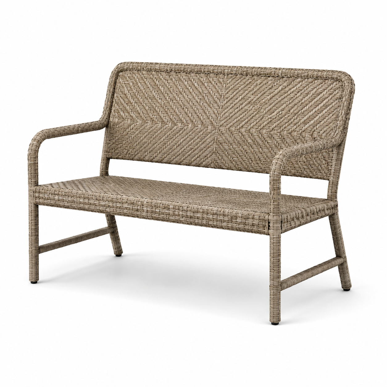 Zweisitzige Gartenbank aus Polyrattan und Metall mit Armlehnen, Taupe/Beige, 120 x 60 x 85 cm