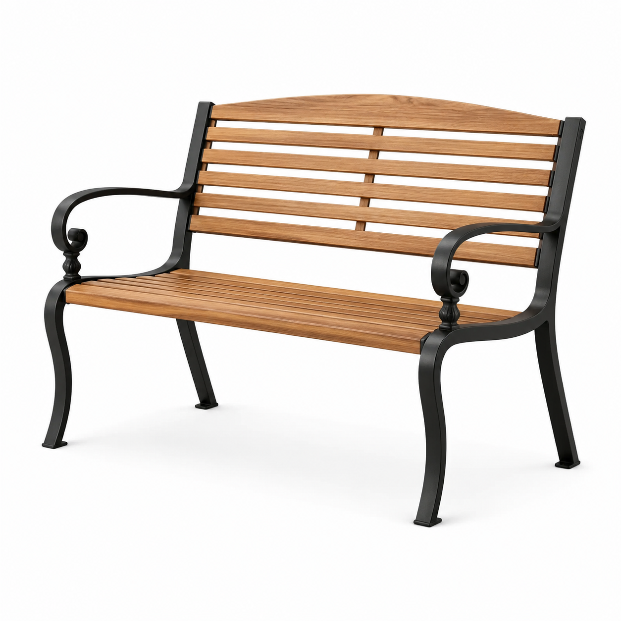 Gartenbank aus Holz und Metall mit Armlehnen, Braun/Schwarz, 127 x 60 x 82 cm