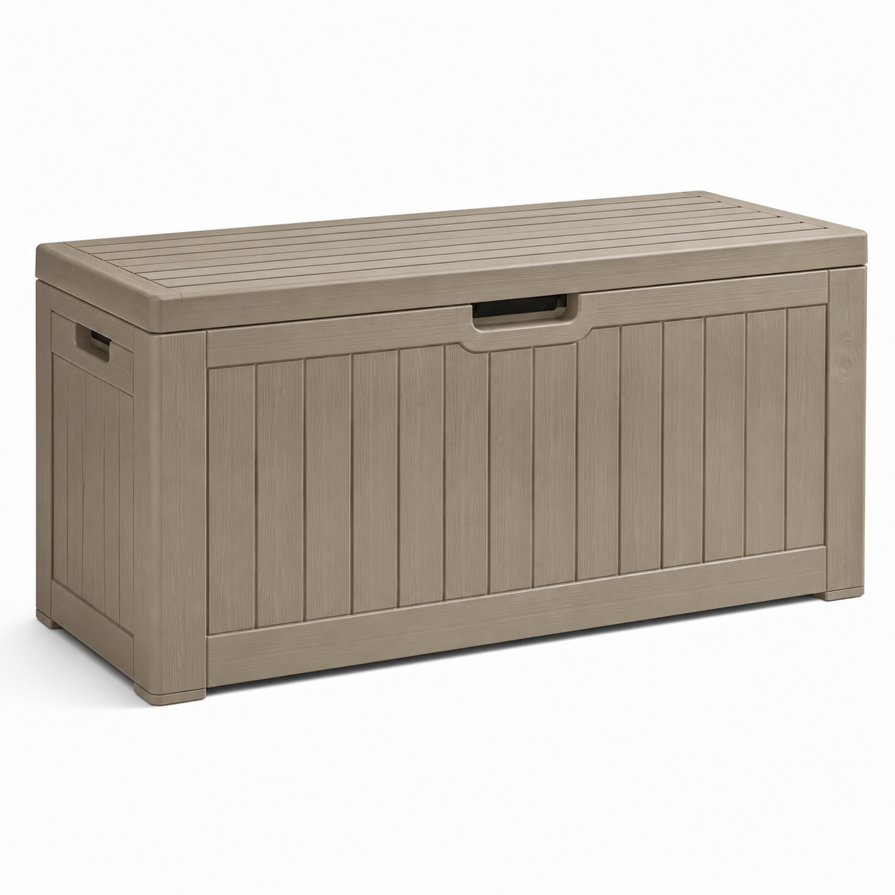 Garten-Aufbewahrungsbox aus Kunststoff mit Klappdeckel, 120 x 55 x 60 cm, Taupe, strukturierte Holzoptik