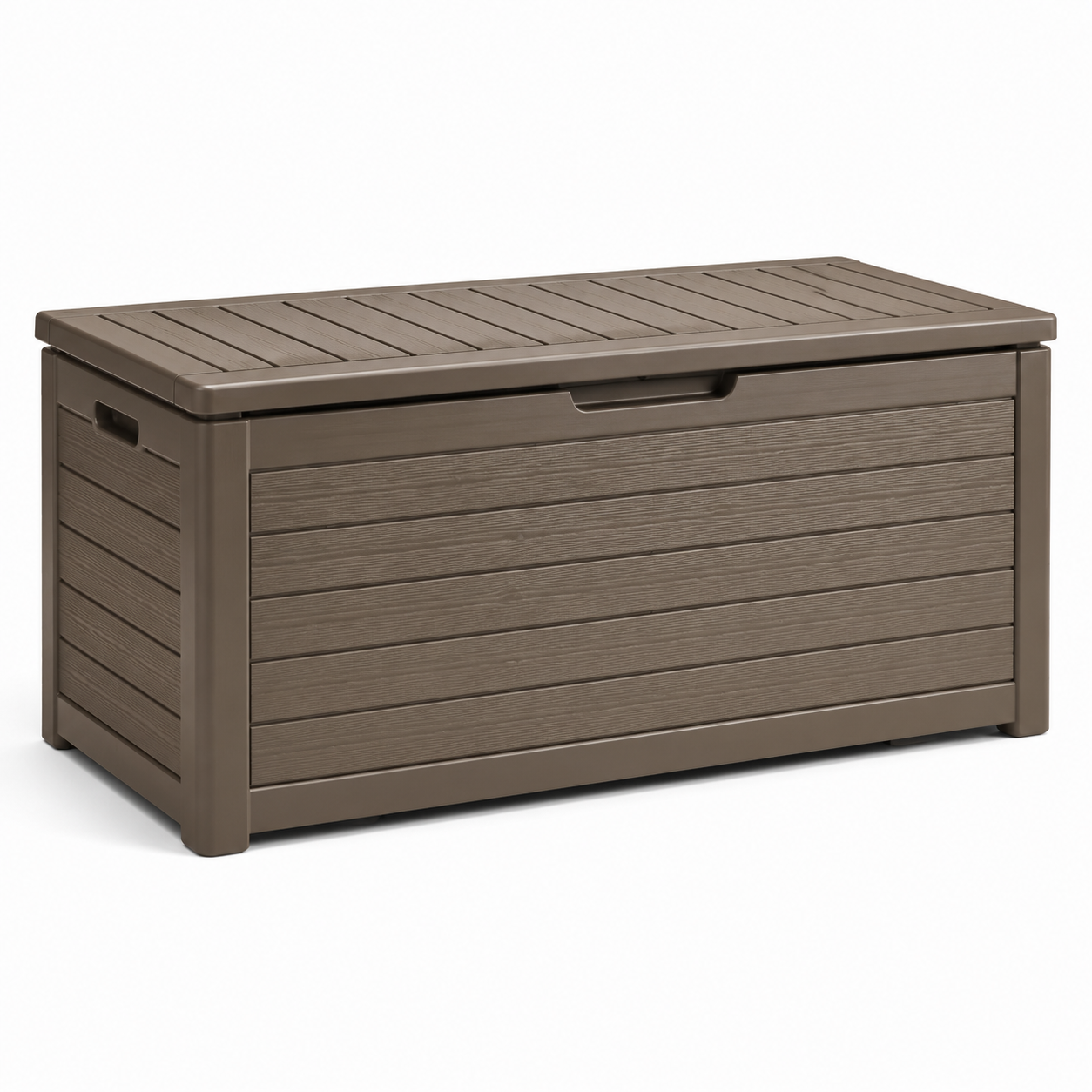 Gartenbox aus Kunststoff in Braun mit Holzoptik und Klappdeckel, 120 x 55 x 60 cm