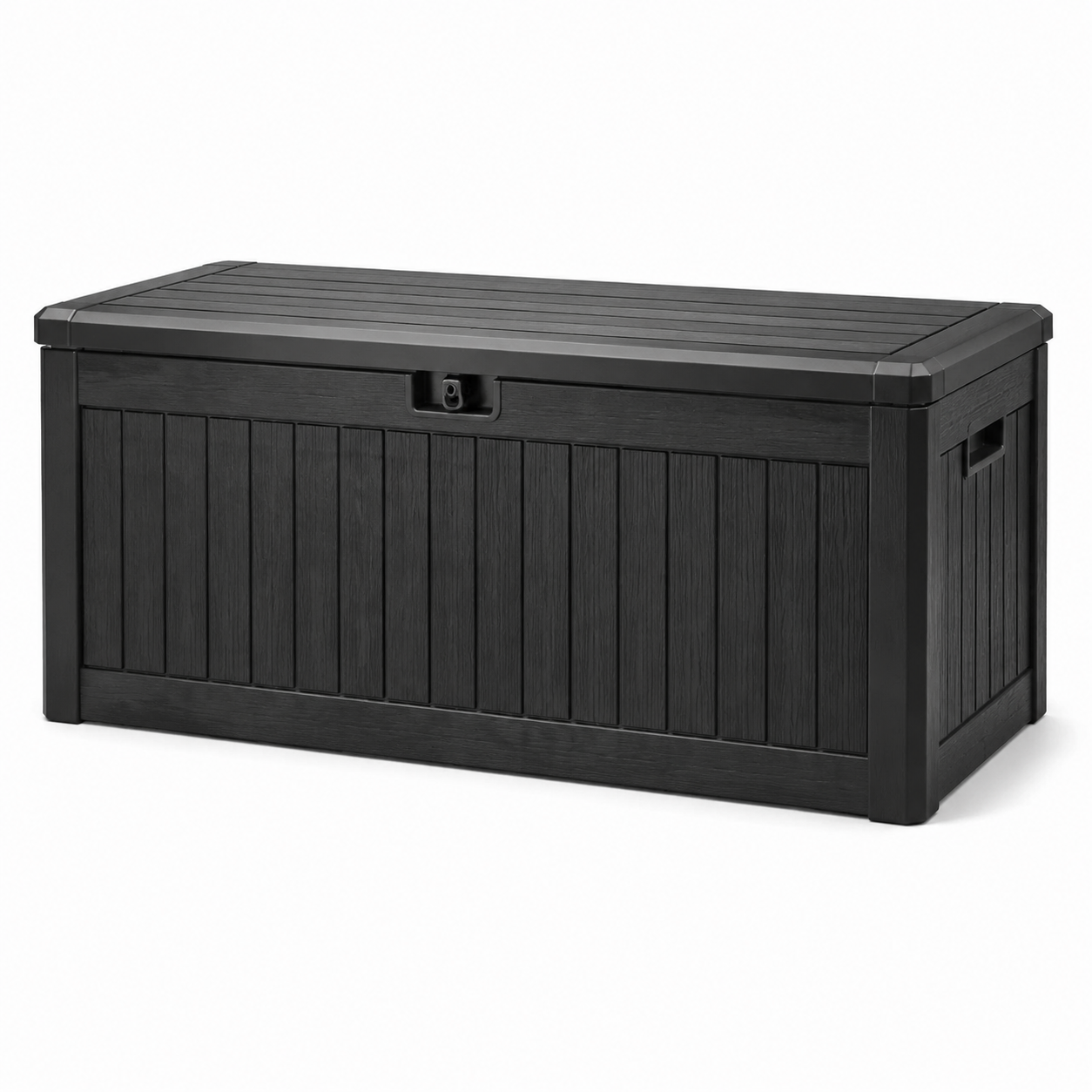 Garten-Aufbewahrungsbox aus Kunststoff in Schwarz, 120 x 55 x 60 cm, Holzoptik mit Klappdeckel