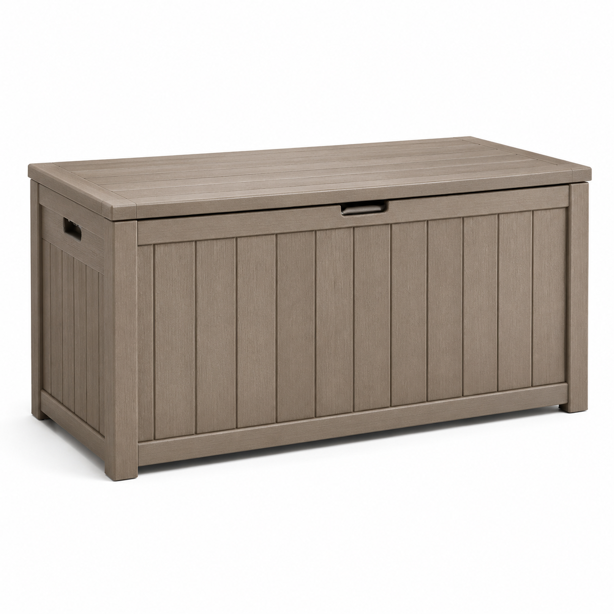 Garten-Aufbewahrungsbox in Taupe/Schwarz, 120 x 55 x 60 cm, Kunststoff in Holzoptik mit Klappdeckel