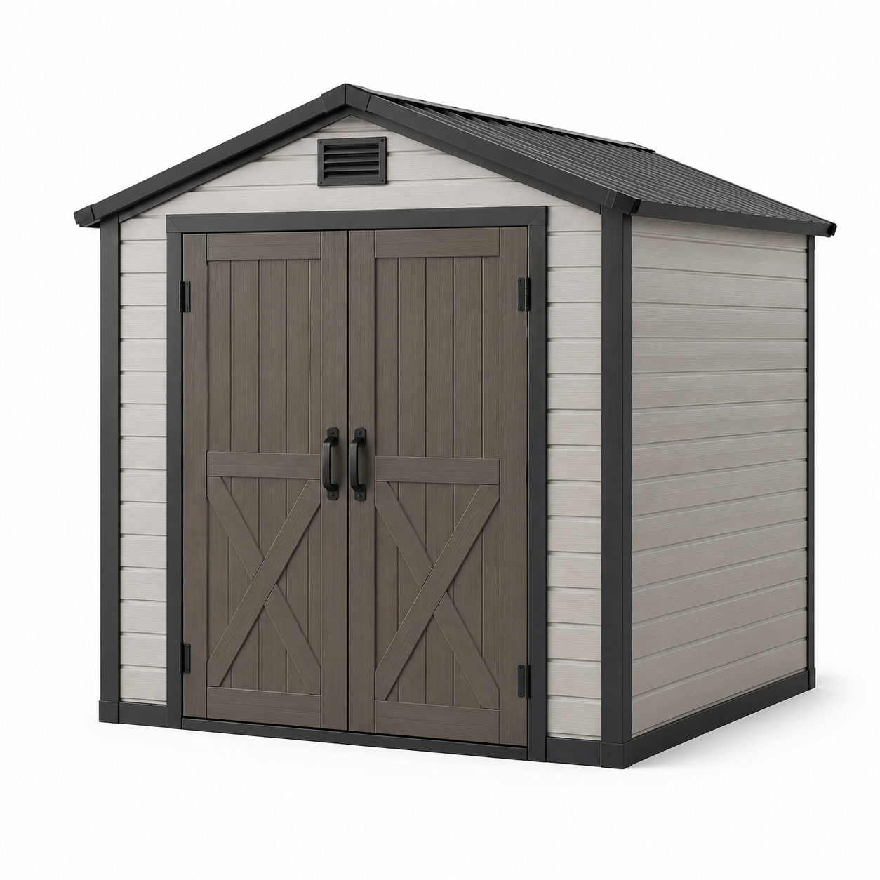 Kunststoff-Gerätehaus 183 x 122 x 213 cm in Grau/Braun/Schwarz mit Doppeltür und Belüftung