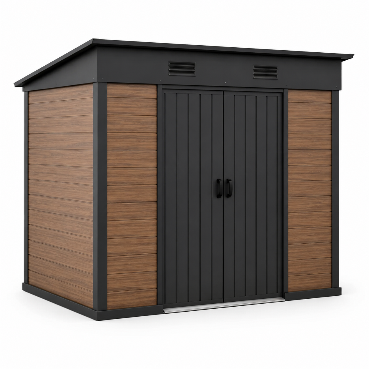 Metall-Gartengerätehaus 238 x 181 x 210 cm in Schwarz/Braun mit Doppelschiebetür, Lüftungsöffnungen und Pultdach