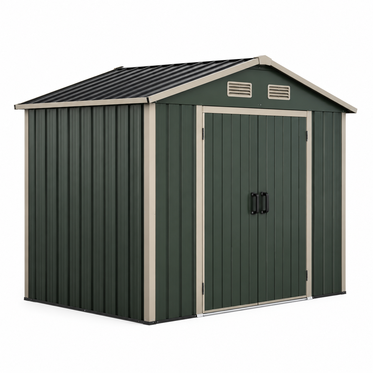 Metall-Gerätehaus 257 x 205 x 178 cm, Dunkelgrün/Beige/Schwarz, mit Doppeltür und Satteldach