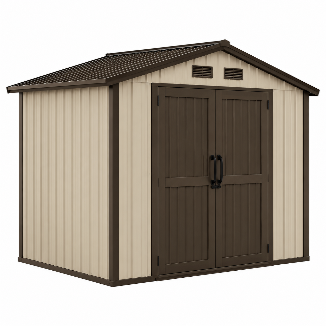 Metall-Gerätehaus 245 x 185 x 220 cm in Beige/Braun/Schwarz mit Doppeltür und Lüftungsöffnungen