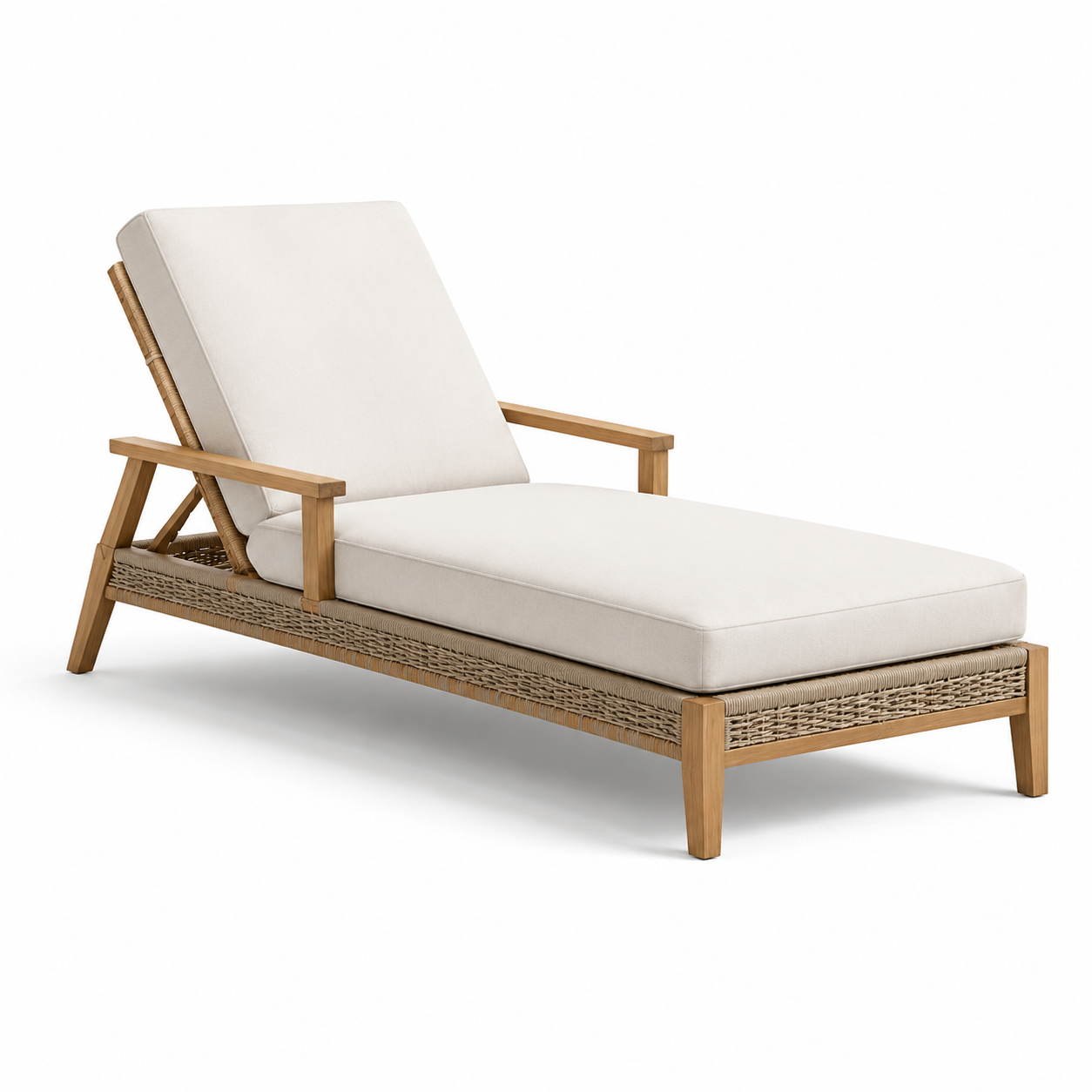 Verstellbare Gartenliege aus Holz und Geflecht mit cremefarbenen Polstern, Creme/Naturbraun, 200 x 75 x 90 cm