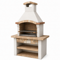 Grillkamin aus Betonwerkstein mit höhenverstellbarem Grillrost und Ablageflächen, 110 x 65 x 210 cm, Weiß/Beige/Braun/Schwarz