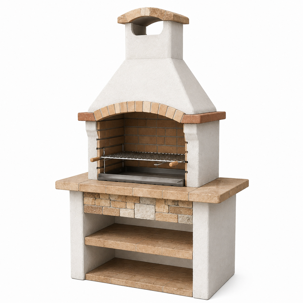 Grillkamin aus Betonwerkstein mit höhenverstellbarem Grillrost und Ablageflächen, 110 x 65 x 210 cm, Weiß/Beige/Braun/Schwarz