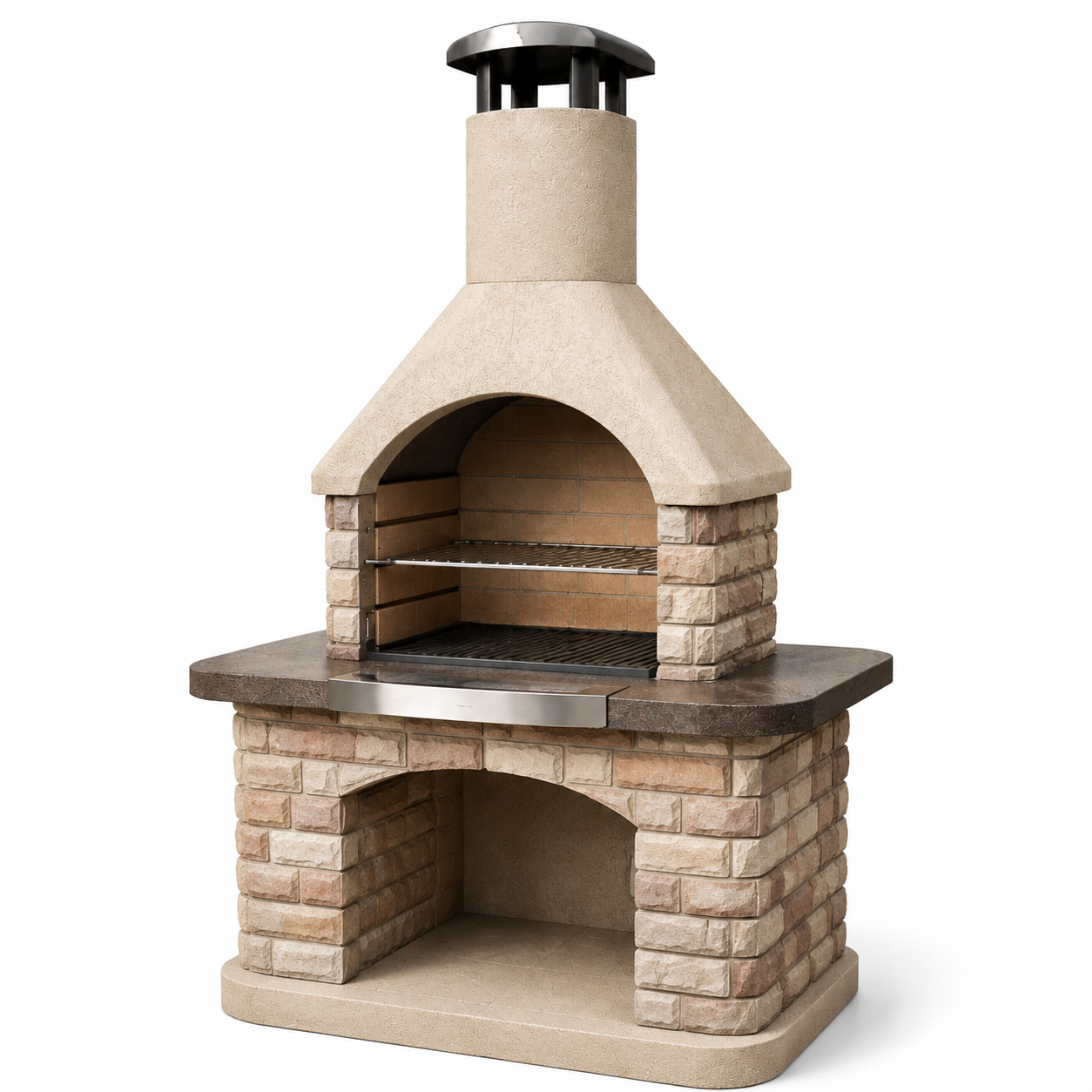 Gartengrill mit Rauchabzug und höhenverstellbarem Grillrost, Beton und Stahl, Beige/Braun/Schwarz/Silber, 110 x 65 x 210 cm