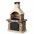 Rustikaler Grillkamin aus Beton mit Steinverkleidung und Metall, 120 x 80 x 230 cm, Beige/Grau/Braun/Schwarz/Silber, mit zwei Grillrosten und Stauraum