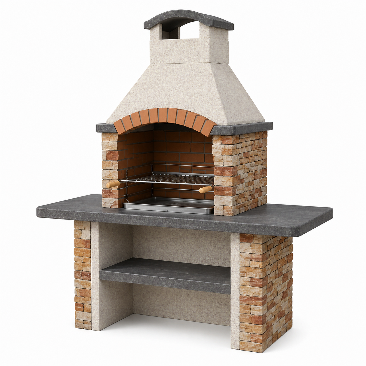Grillkamin aus Beton und Stahl, 140 x 70 x 210 cm, Beige/Braun/Anthrazit, mit Grillrost und Ablage