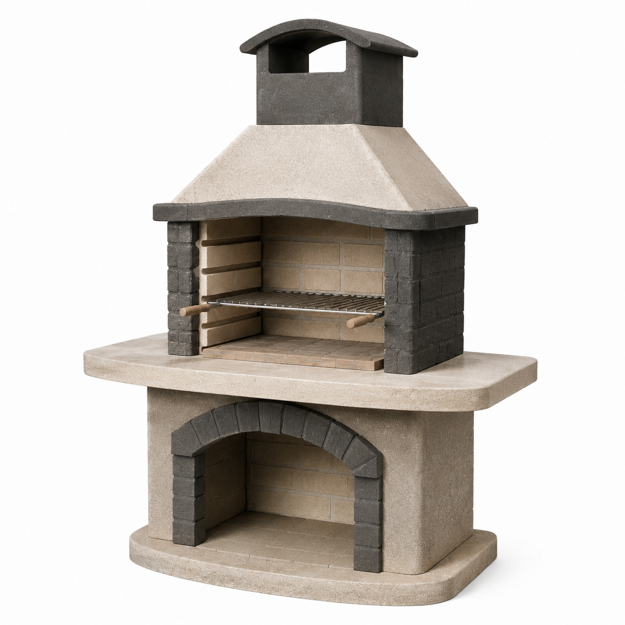 Gartengrillkamin aus Beton mit höhenverstellbarem Grillrost, 110 x 65 x 210 cm, Beige/Anthrazit/Braun