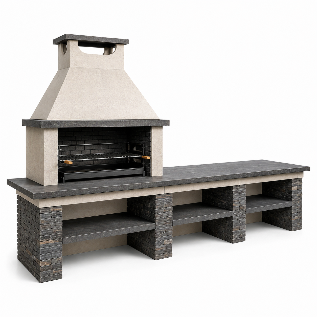 Gartenkamin mit Grill, Arbeitsplatte und Ablageflächen, 300 x 70 x 220 cm, Beige/Anthrazit/Schwarz